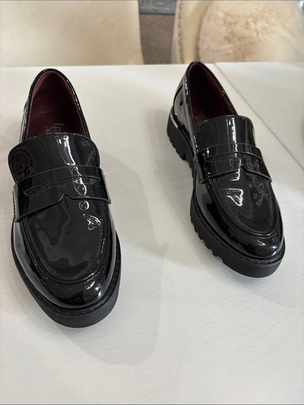 Franco Sarto lug sole penny loafers, black patent